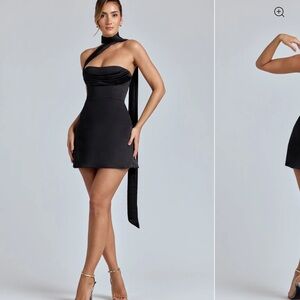 Oh Polly Black One-Shoulder Mini Dress with Neck Sash